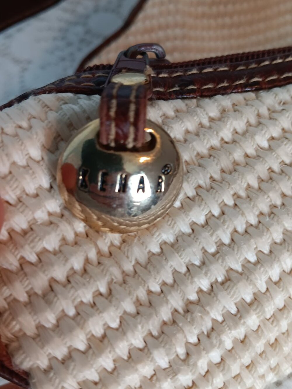 Vintage Cream Woven Hobo Bag Dark Brown Ostrich Leather Accent Shoulder/Hobo Bag - Picture 6 of 9